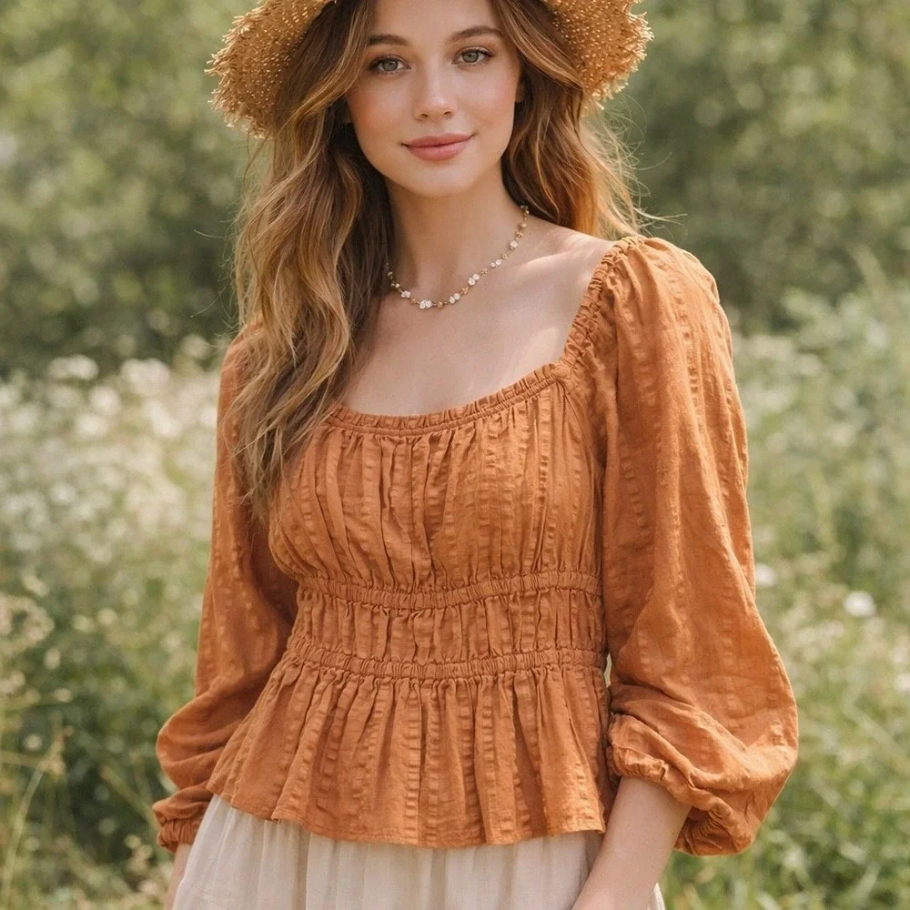 J Crew Babydoll Puff Sleeve‎ Smocked Cotton Top Brown Boho Cottage Western SM